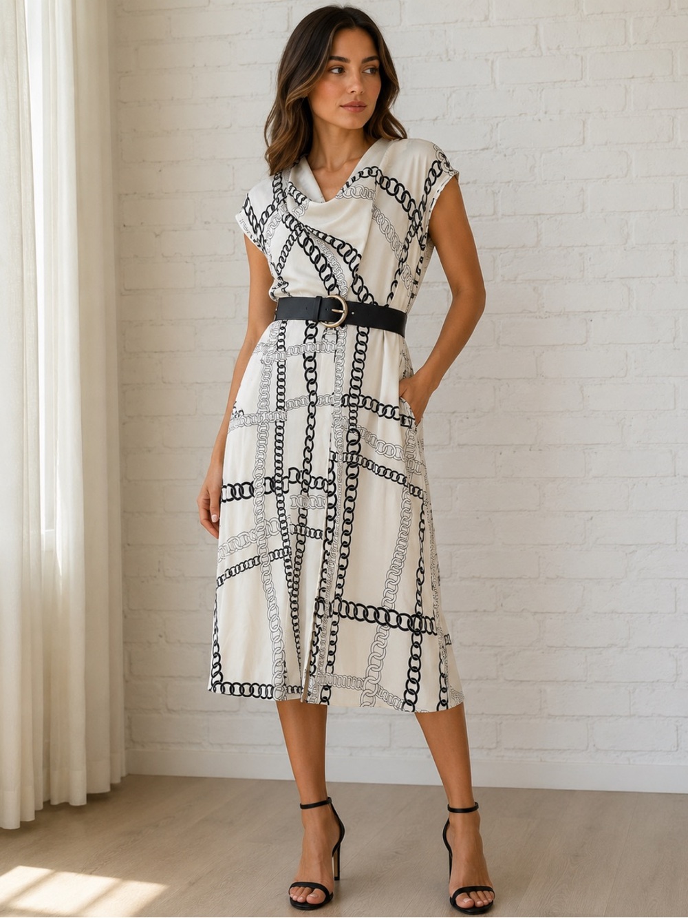 Zara Ivory Midi Dress with Black Chain Print and Belt